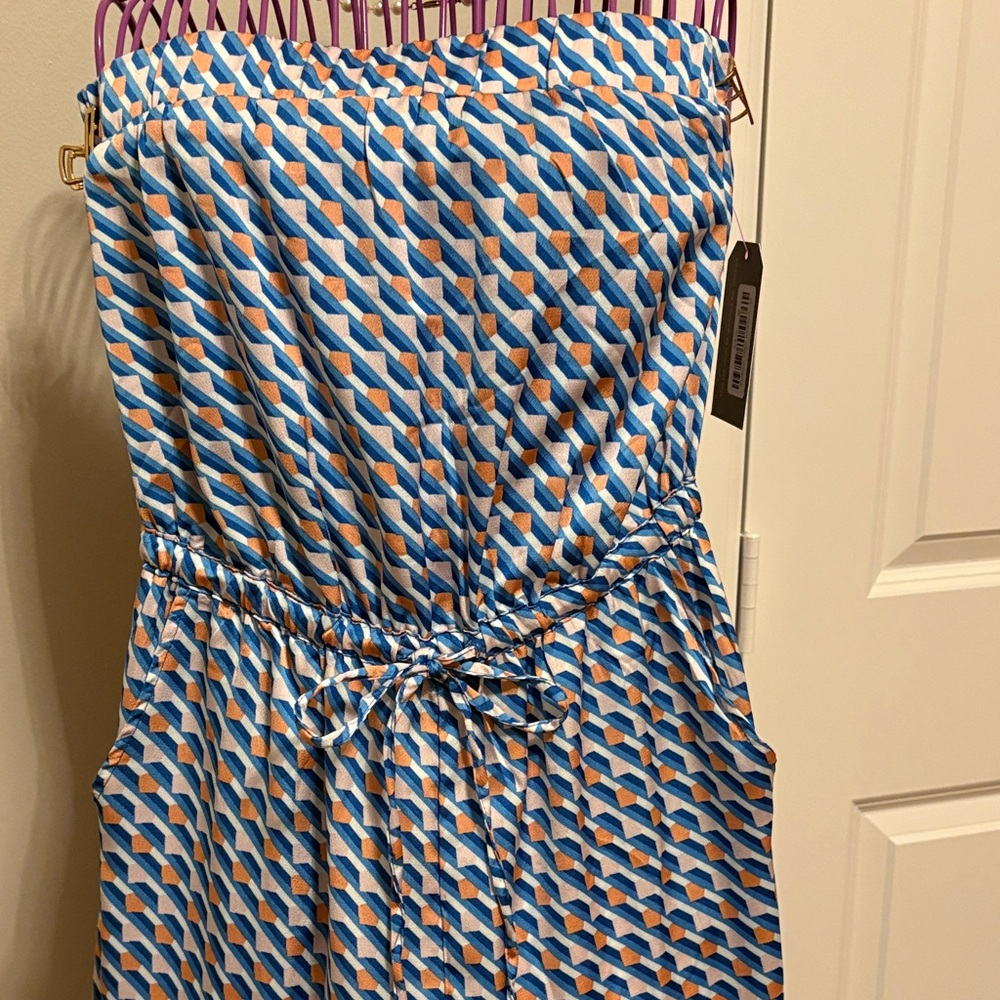 Blue and Orange Geometric Strapless Jumpsuit